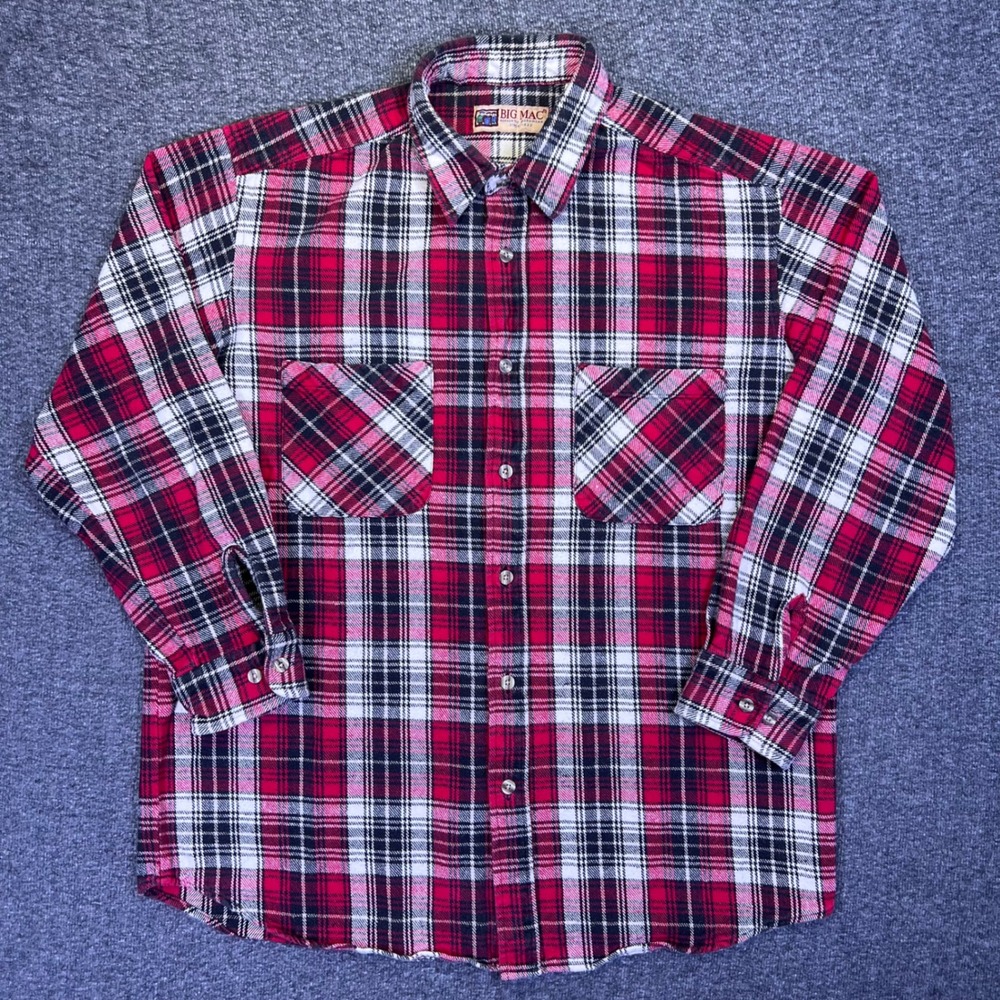 Big Mac Flannel Shirt Mens LT Red Black Plaid Button Down Workwear Long Sleeve